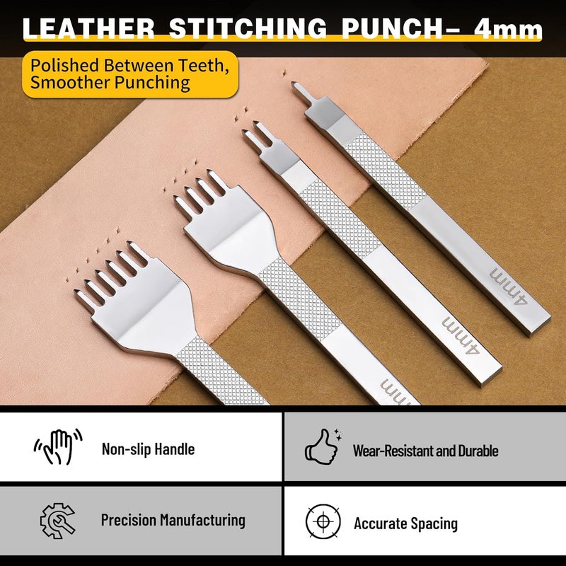MORFEN Leather Hole Punch, Leather Stitching Punch, 4mm 1/2/4/6 Stitching Tools, Belt Hole Puncher for Leathercrafts, Belts, Watch Bands, Strap DIY Leatherworking - Image 3